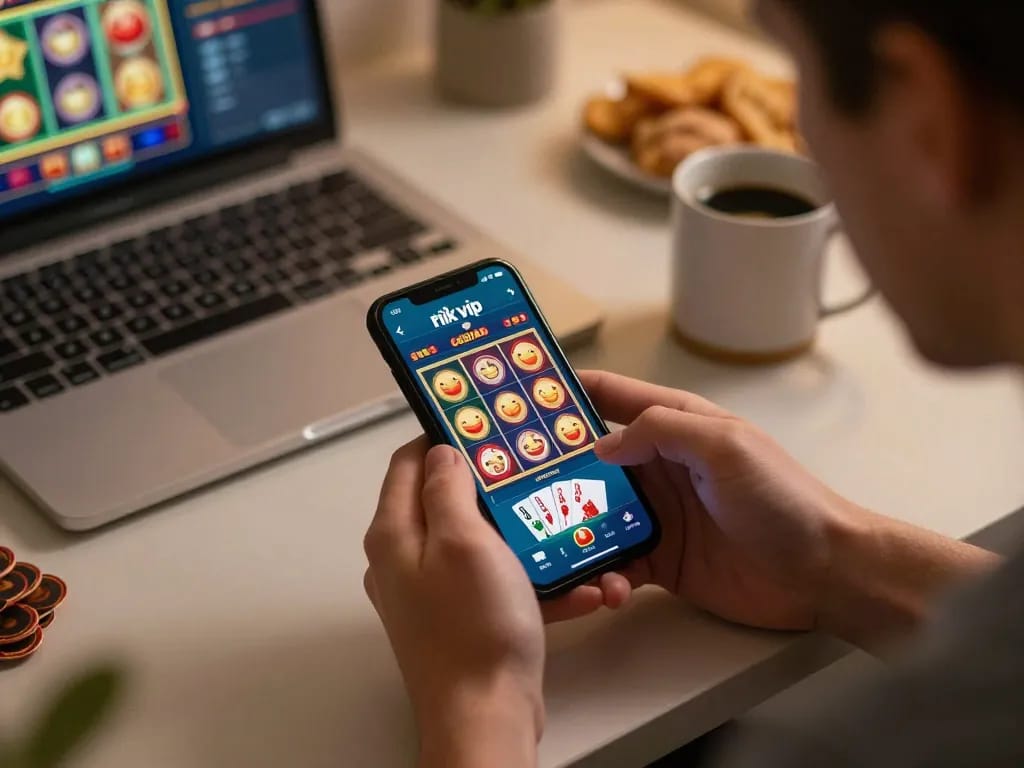 Player enjoying the rik vip casino app on a smartphone, showcasing engaging gameplay and snacks around