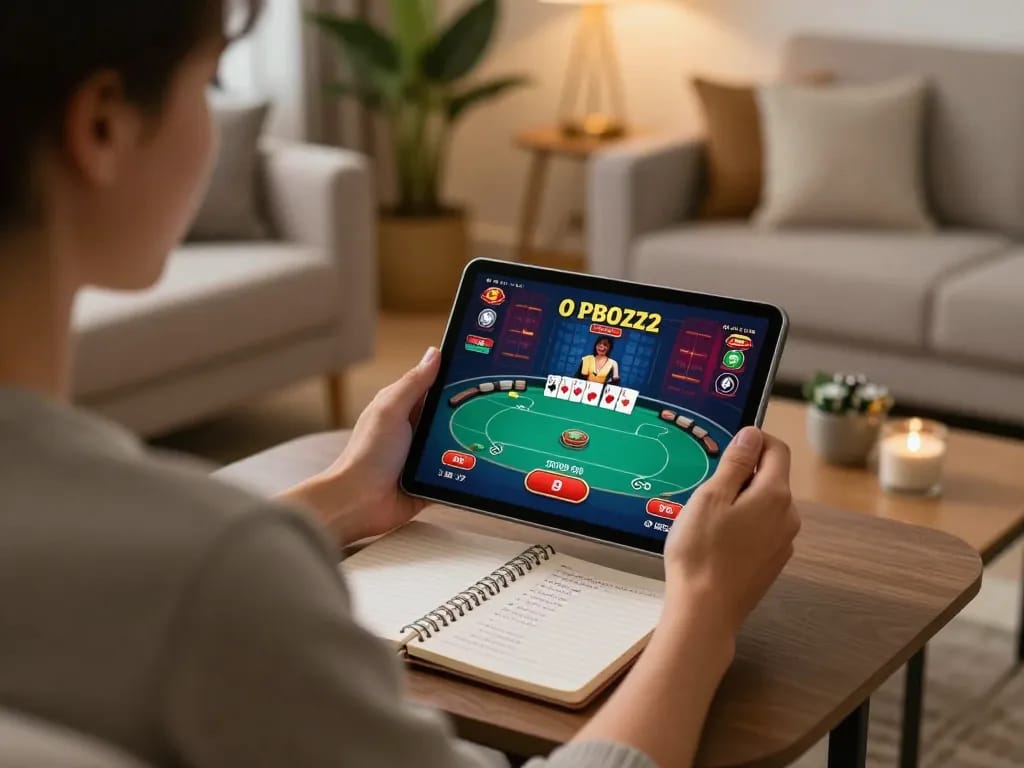 Engaging in online casino gaming at home using a tablet, experiencing link gg88 with exciting poker gameplay.