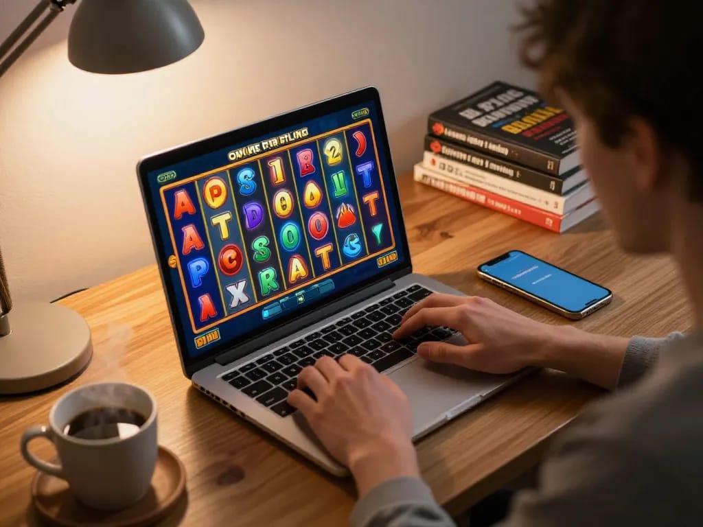 Engage in situs slot gameplay with vibrant online reels spinning on laptop while exploring responsible gaming practices.