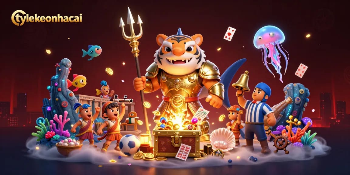 Engage in the excitement of sports betting with tylekeonhacai, featuring a dynamic scene of a tiger shark hero and treasure.