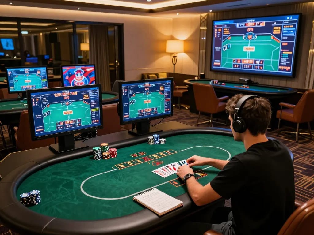 Player strategizing in online gaming at dn88 casino, engaging with vibrant poker action on multiple screens.