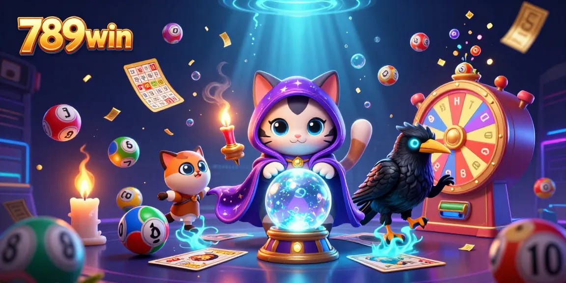 Join the excitement at 789win's vibrant lottery game with bouncing numbered balls and enchanting mystical characters.