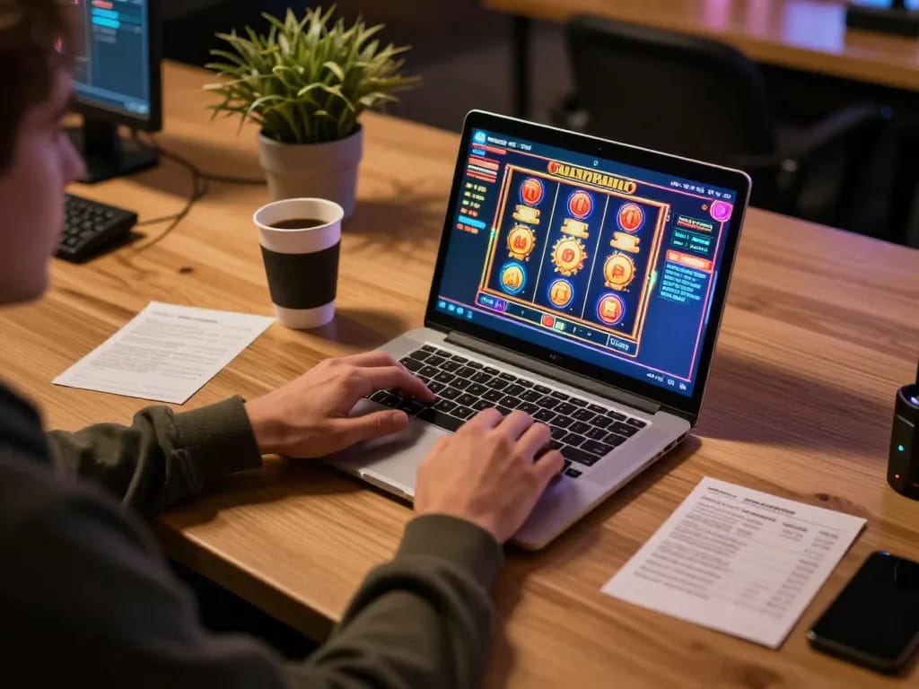 Player enjoying open 88 online casino slots on a laptop in a cozy environment.