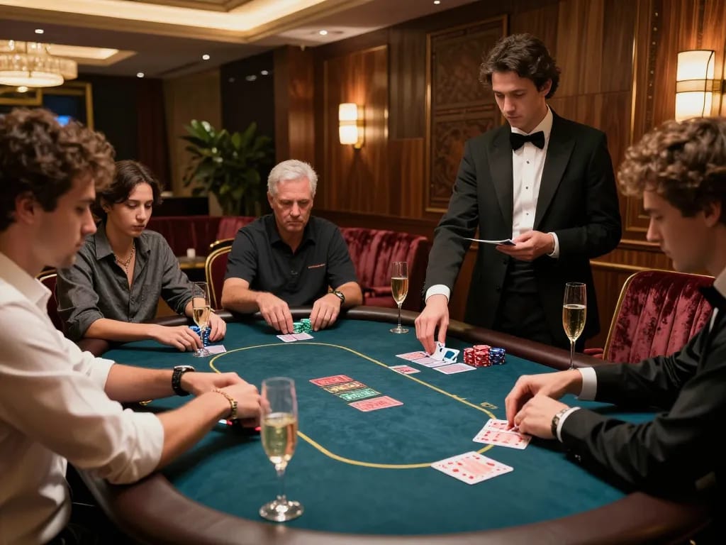 High-stakes poker action at 11win's elegant VIP gaming area with players and dealer.