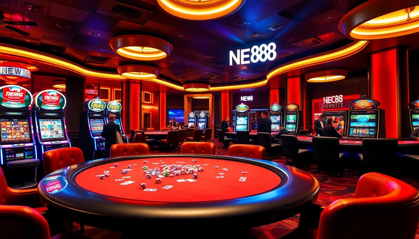 Experience the excitement of NEW88 with vibrant casino elements like poker chips and roulette wheels.