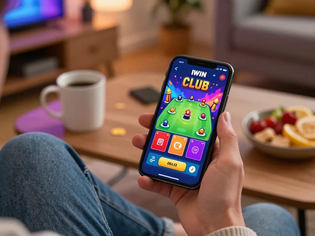 IWIN Club user actively playing card games on smartphone in cozy home setting