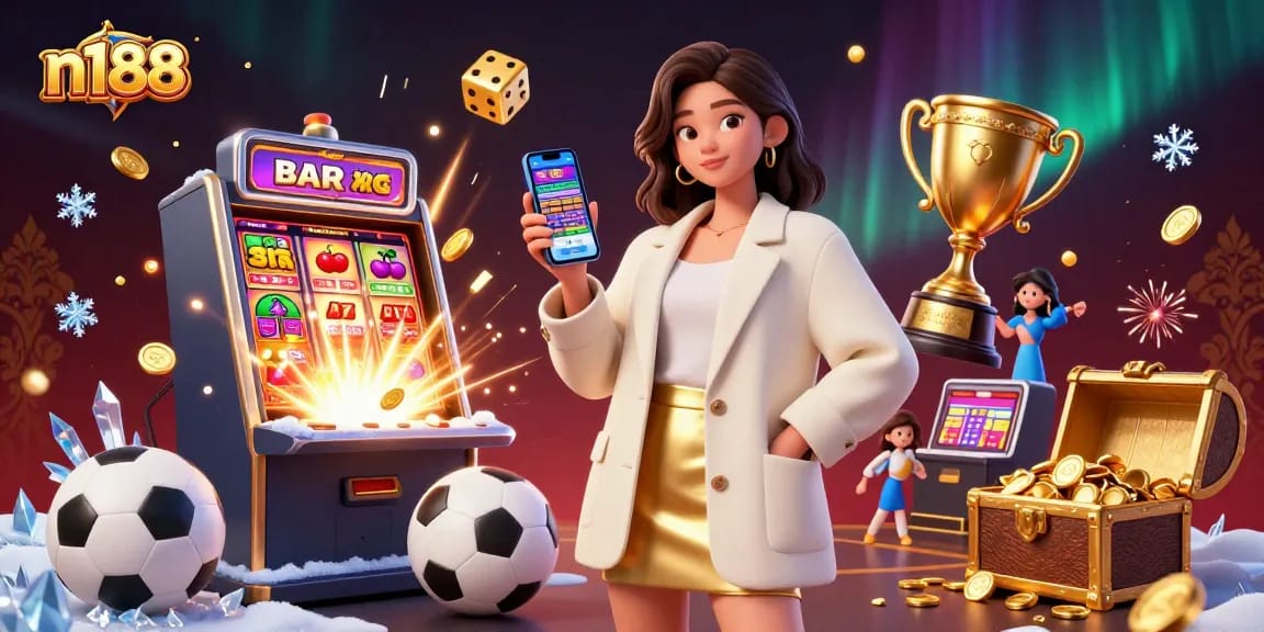 Experience thrilling betting at n188 with a friendly gamer embracing sports betting in a vibrant casino setting.