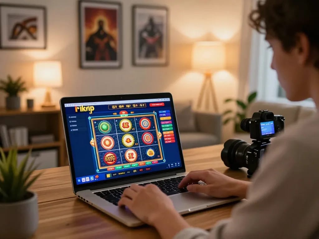 Player exploring rikvip's online casino platform on a laptop, engaging in exciting gaming.