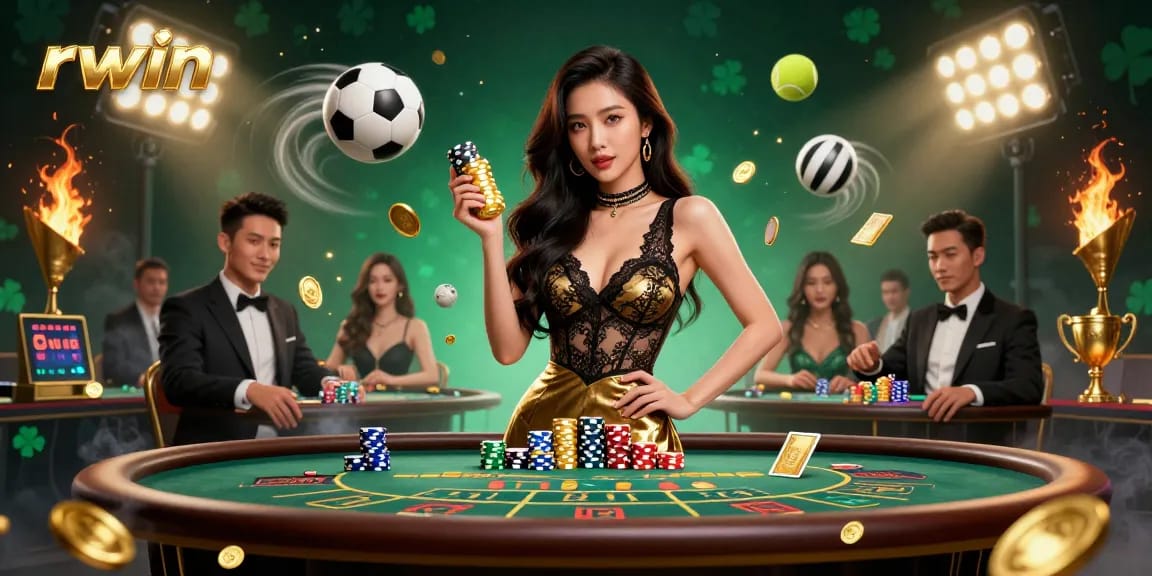 Rwin gaming showcase featuring an elegant baccarat scene with casino elements and excitement.