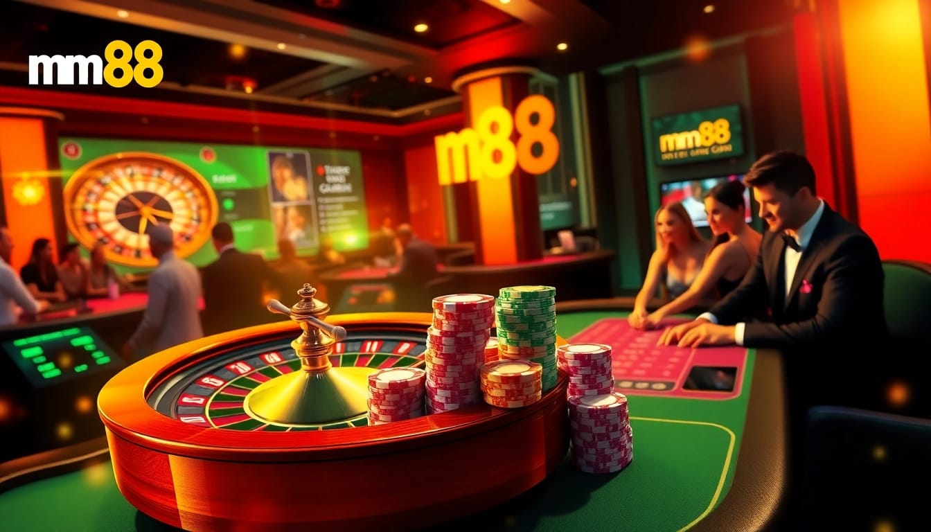 Exciting mm88 casino scene showcasing players at a poker table with colorful chips and a roulette wheel.