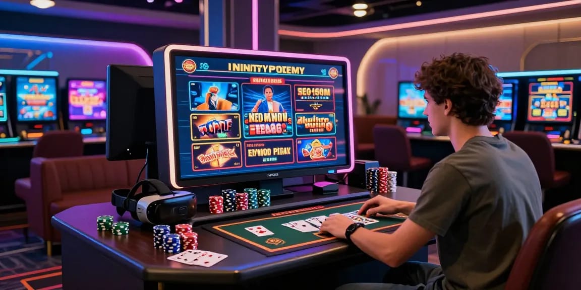 Engaging gamer exploring new online casinos on a touchscreen display in a vibrant gaming lounge.