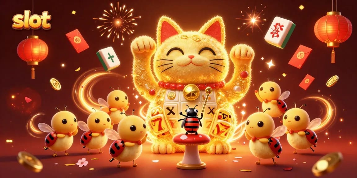Mainkan slot dengan simbol keberuntungan yang dikelilingi oleh lampion dan koin berkilau di kasino online.
