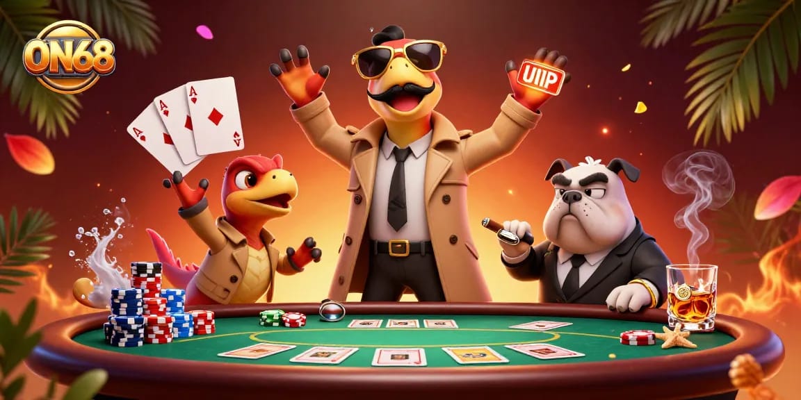 Raptors disguised as a person entering ON68 VIP lounge with poker elements surrounding.