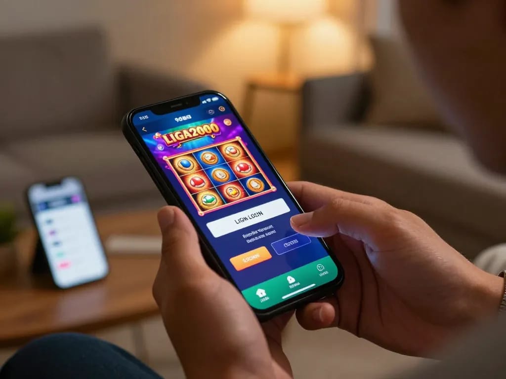 LIGA2000 LOGIN interface being accessed on a smartphone during an online slot game session at home.