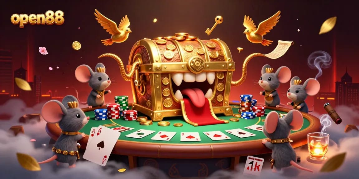 Bet high with open88's rich poker scene featuring treasures, cards, and adventure.