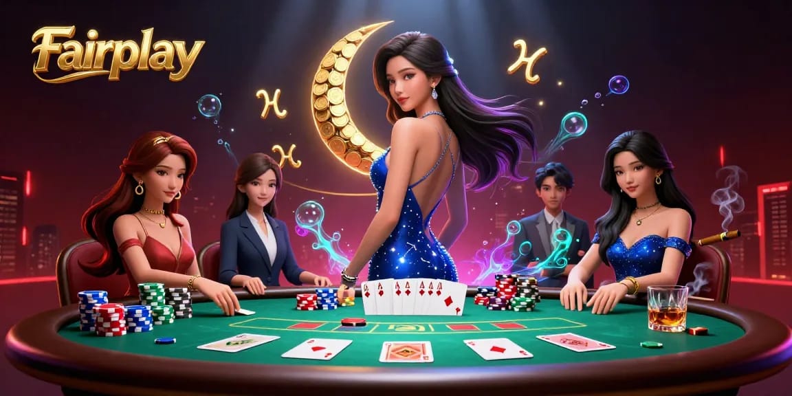 Engage with Fairplay's elite gaming experience featuring a stunning Asian woman at a vibrant poker table.