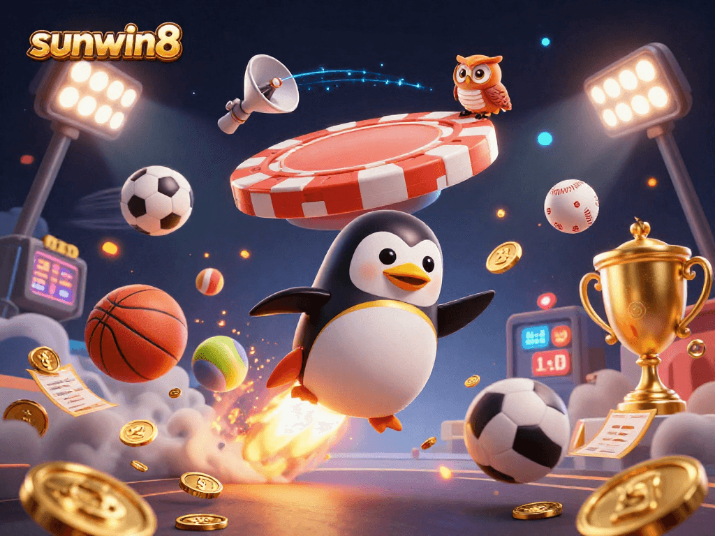 Join the excitement at sunwin8 as a golden penguin races through a casino-themed cosmos collecting rewards!