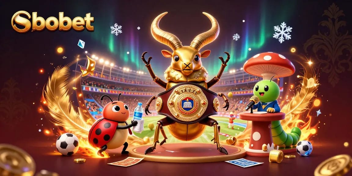 SBOBET offers thrilling sports betting action with vibrant visuals and engaging characters in a dynamic scene.