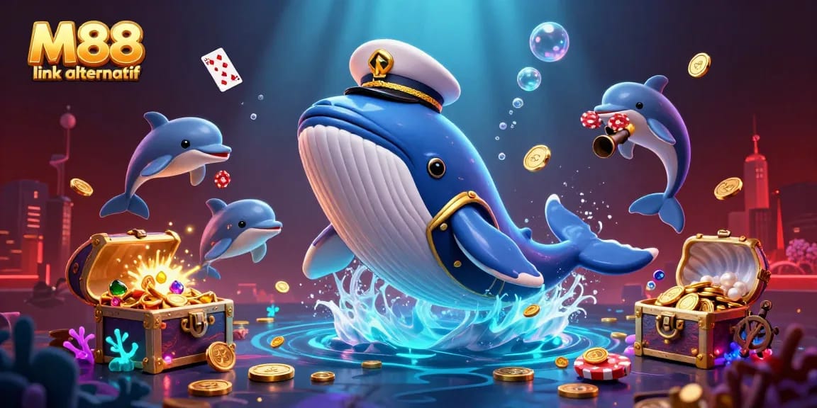 Experience the thrill of M88 link alternatif with an engaging underwater casino scene full of vibrant characters and action.