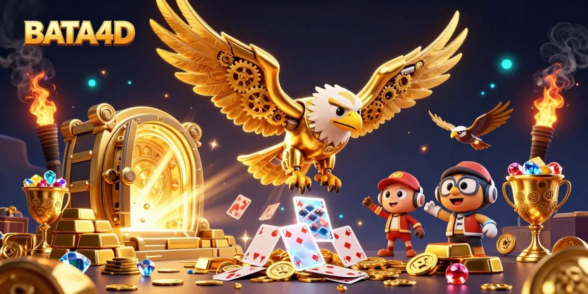 BATA4D menyajikan ilustrasi menarik dengan elang emas cybernetic terbang di antara kartu bermain holografik dan elemen kasino lainnya.