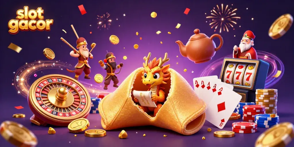 Experience the excitement of slot gacor with a vibrant 3D scene featuring golden fortune cookies, dragons, and dynamic casino elements.