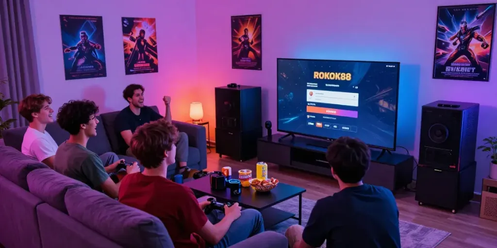 Friends enjoying an intense gaming night with ROKOK88 slot login displayed on the TV.