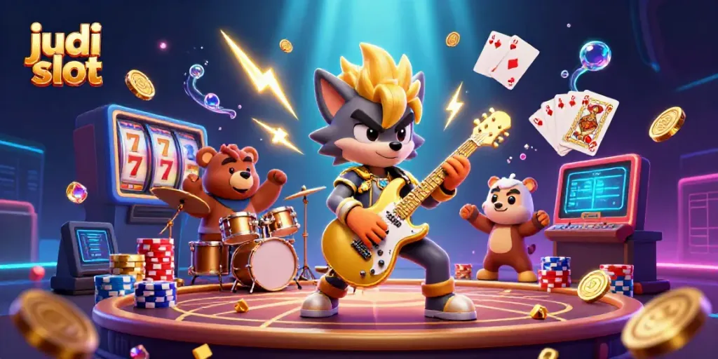 Gambarlah judi slot dengan karakter menarik yang beraksi di kasino.