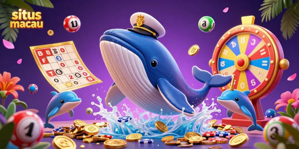 Gambarkan situs macau dengan ikan paus kartun raksasa melompat di lautan koin, didampingi narwhal dan lumba-lumba bermain.