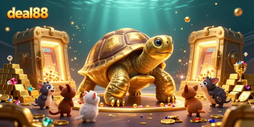 Experience the fun of deal88, with a golden tortoise pinball machine and shimmering treasures.