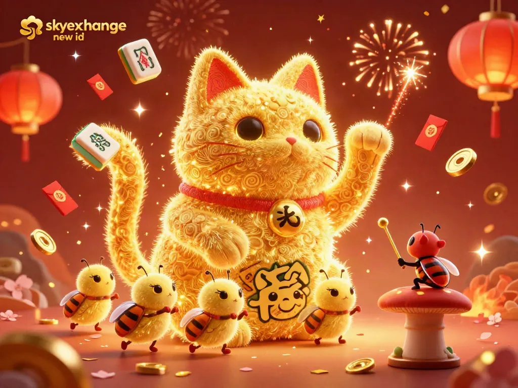 Engage with the vibrant scene featuring a lucky cat formed by fireflies, symbolizing success on the skyexchange new id platform, vibrant colors illuminating the festive atmosphere.