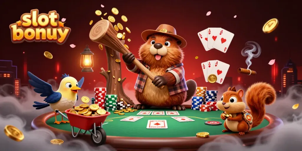 Exciting scene depicting a slot bonus theme with a beaver collecting gold coins; lively casino elements around.