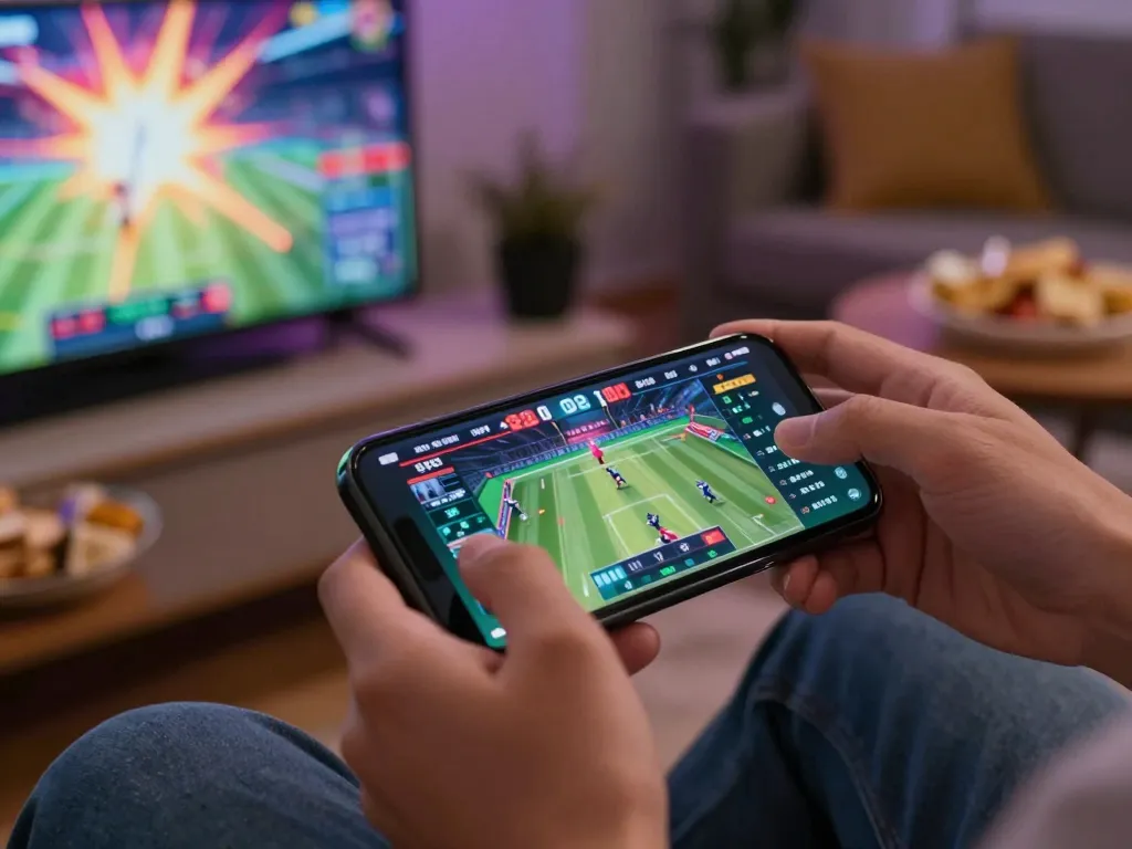 Excited player using nano banana flash for live sports betting on smartphone during game.