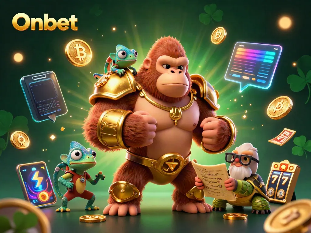 Engage with Onbet's vibrant gaming world featuring a powerful gorilla, chameleon, and tortoise in a dazzling casino scene.