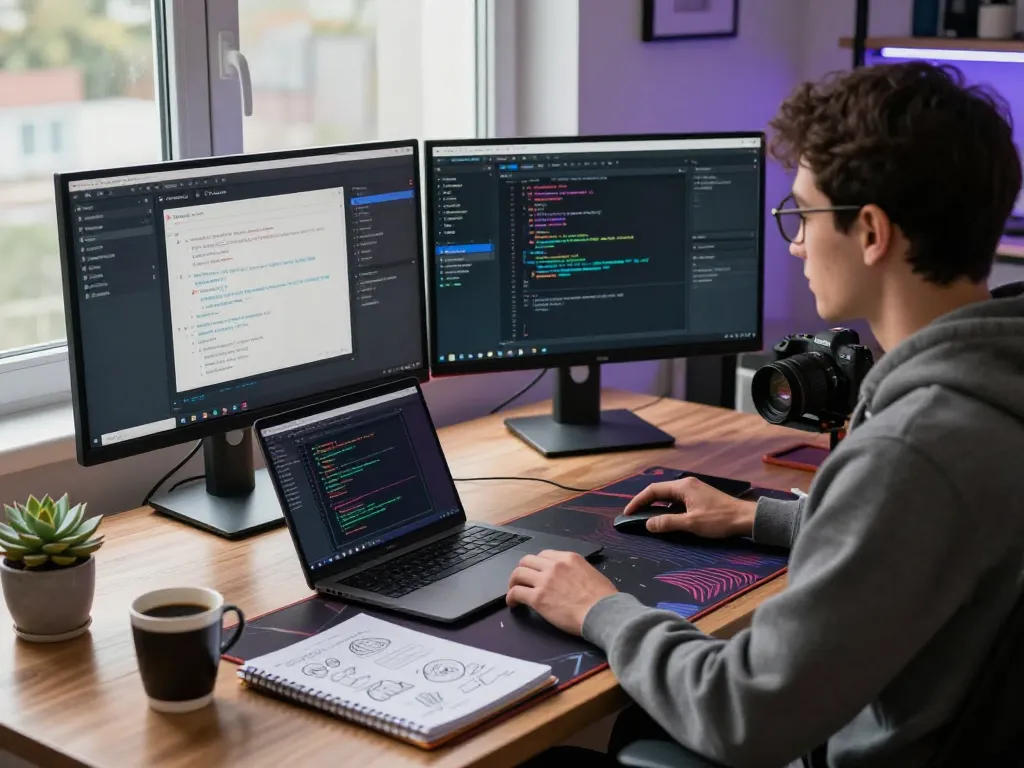 OpenClaw AI software development workspace with dual monitors, laptop, and creative environment.
