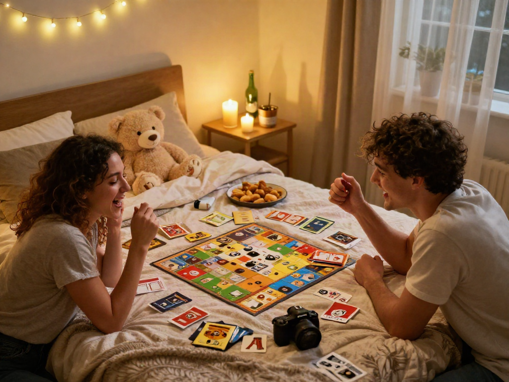 Couple enjoying sex games together in a cozy bedroom setting