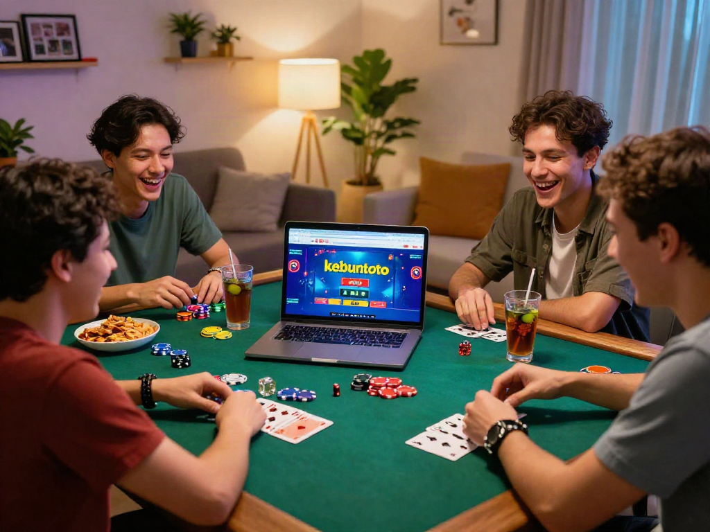 Friends enjoying a game night with kebuntoto online gaming site on laptop, snacks, and drinks.