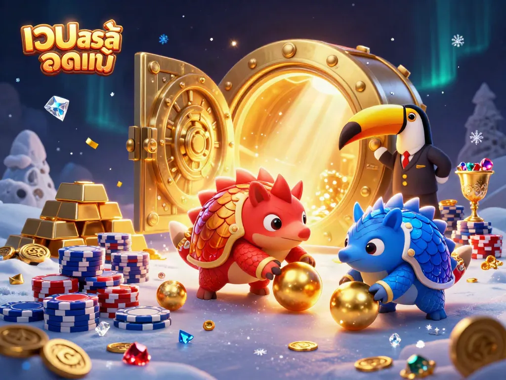 Engage with เว็บสล็อตแท้ through an action-packed 3D scene of rival pangolins among sparkling gold and poker chips.