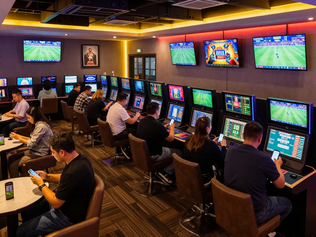 Patrons placing bets on 8xbet at a vibrant sports betting lounge with screens showing live events