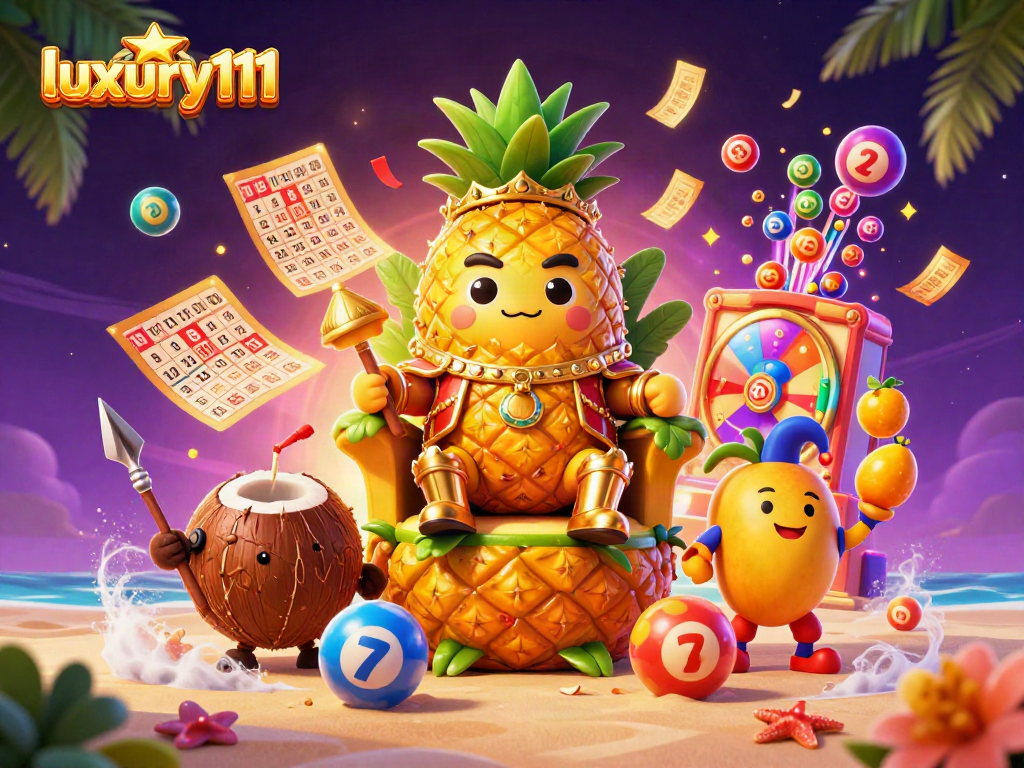 Experience luxury111 with a vibrant illustration of a pineapple king surrounded by dynamic casino elements on a tropical beach.