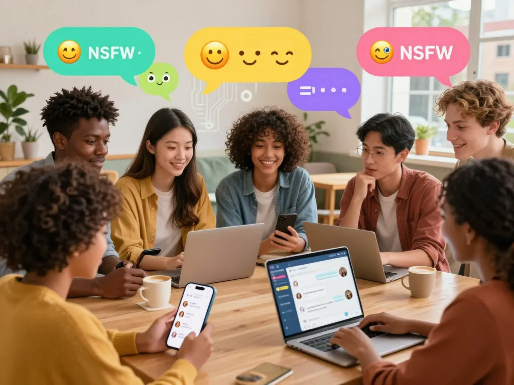 Interactive NSFW chat environment featuring animated characters and diverse users enjoying fun conversations.