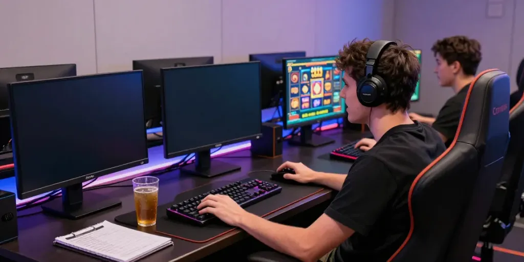 Exciting akunjp online gaming atmosphere with a player engaging in vibrant slot games.