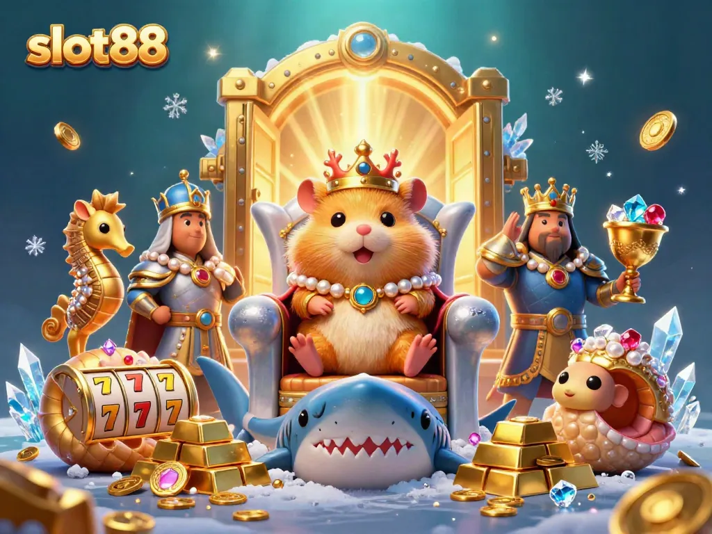 Ilustrasi slot88 menggambarkan raja hamster emas bermahkota karang di singgasana gigi hiu megalodon dengan penjaga kuda laut, dikelilingi simbol mesin slot.