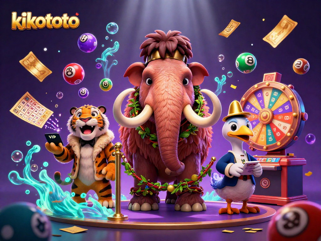 Kikototo menghadirkan bouncer mammoth dan tamu VIP di kasino, memeriksa ID dengan bola lotere berwarna-warni dan efek uang yang berjatuhan.