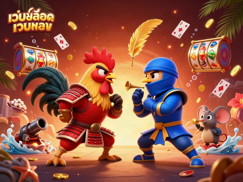 ภาพการต่อสู้แบบ 3D ของไก่สองตัวในชุดเกราะซามูไรและนินจา พร้อมกับองค์ประกอบสล็อตแมชชีนในแบ็คกราวด์ เว็บสล็อตเว็บตรง