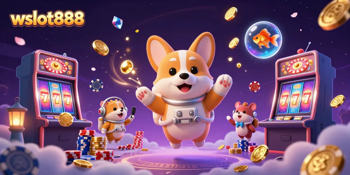 Permainan slot menarik di wslot888 dengan astronot corgi, koin emas, dan ikan menawan.