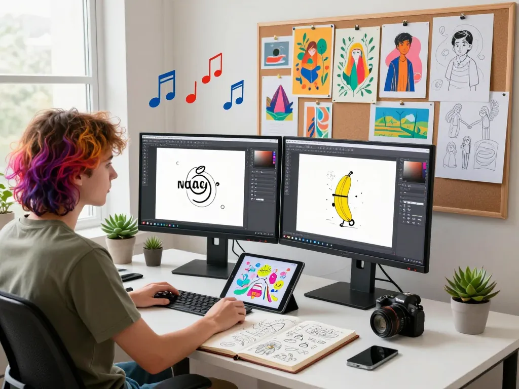 Designer using Nano Banana Pro AI image editor in a vibrant digital studio.