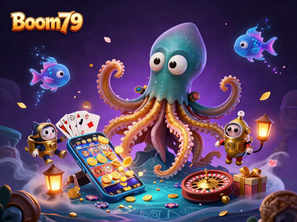 Win with Boom79 in this vibrant 3D illustration full of casino energy, showcasing exciting gaming elements.