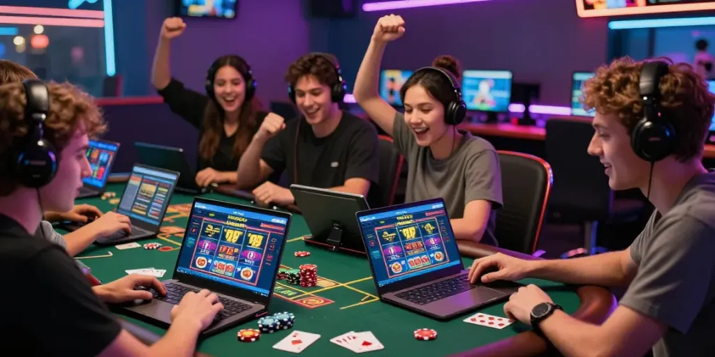 Engaged players enjoying lotus365's online gaming experience with vibrant atmosphere.