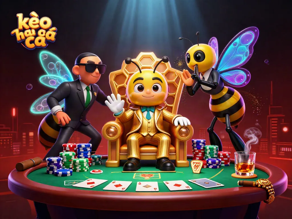 Engage with kèo nhà cái dynamics amidst 3D characters and rich casino elements illustrating poker strategy.