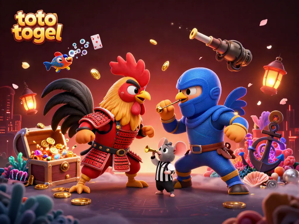 Engaging scene of twin cartoon fighting roosters competing, showcasing dynamic elements of toto togel.